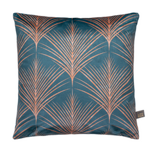 Load image into Gallery viewer, Scatterbox Loulou cushion in Teal with an accented design of rose gold feathers - front product image picture
