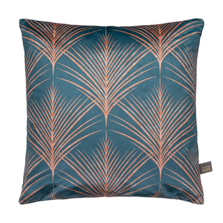 Scatterbox Loulou cushion in Teal with an accented design of rose gold feathers - front product image picture