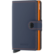 Load image into Gallery viewer, Navy blue wallet with orange stitching and Secrid branding on a white background

