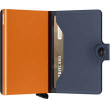 Load image into Gallery viewer, Blue and orange wallet with a card slot on a white background
