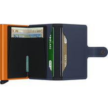 Load image into Gallery viewer, Two wallets, one red and one black with orange stitching, open to show card slots.
