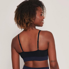 Load image into Gallery viewer, A back perspective of a model looking to the right wearing the Sloggi Ever Infused Aloe Bralette in Black. 
