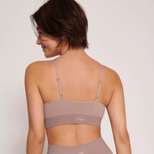 Load image into Gallery viewer, A model showing off the back of the Sloggi Ever Infused Aloe Bralette in Mauve while looking to the left. 

