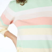 Load image into Gallery viewer, female model wearing esqualo striped sweater in pistachio colour closeup
