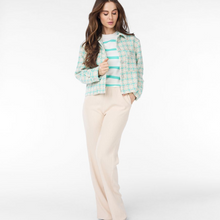 Load image into Gallery viewer, female model wearing esqualo midi check blazer in offwhite/ blue colour with hand in pocket 
