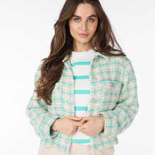 Load image into Gallery viewer, female model looking at camera wearing esqualo midi check blazer in offwhite/blue colour 
