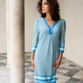 Esqualo 3/4 Sleeve Beaded Neckline Dress | Bayside Print