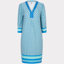 Load image into Gallery viewer, beaded neckline dress in blue and white colour
