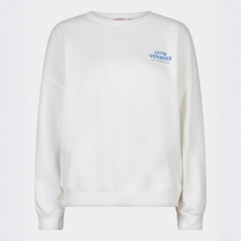 Load image into Gallery viewer, White sweatshirt with blue text on a light gray background
