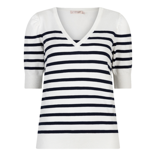 Front of Esqualo SS Stripe Knit V-Neck in Off White/Navy, with a white background.