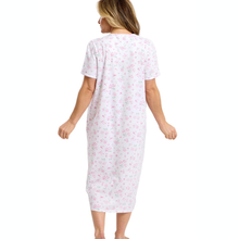 Load image into Gallery viewer, Woman wearing a white nightgown with pink floral pattern on a white background
