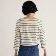 Load image into Gallery viewer, A woman viewed from behind wearing a white long-sleeve top with horizontal mustard yellow and light blue stripes, paired with blue jeans, against a plain off-white background.
