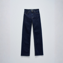 Load image into Gallery viewer, Pair of dark blue jeans on a light gray background
