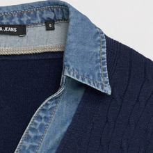 Load image into Gallery viewer, Close-up of a navy blue knit sweater with a light blue denim collar and matching denim placket, showing a black neck label that reads A JEANS.
