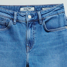 Load image into Gallery viewer, Close-up of blue jeans with 'Salsa Jeans' label on a light gray background

