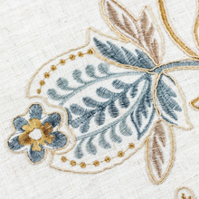 Load image into Gallery viewer, Close-up of embroidered floral design with leaves on a textured fabric background

