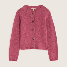 Load image into Gallery viewer, A pink knit cardigan sweater with dark brown buttons, laid flat against a light beige background.
