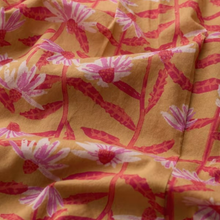 Load image into Gallery viewer, Fabric with pink and white floral pattern on a yellow background
