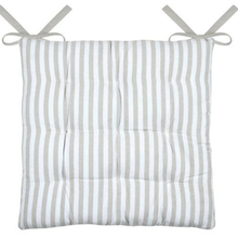 Load image into Gallery viewer, A square tufted cushion with vertical gray and white stripes, featuring two light gray tie straps at the top corners, shown against a plain white background.
