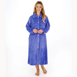 Slenderella 46" Fleece Button Through Housecoat | Blue / Raspberry
