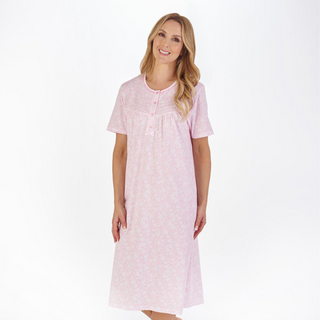 Slenderella Edelweiss Short Sleeve Cotton Jersey 42 Inch Nightdress | Pink