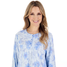 Load image into Gallery viewer, A close up of a model wearing the Slenderella Picot Trim Jersey Nightdress in Blue.

