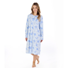 Load image into Gallery viewer, A model smiling while wearing the Slenderella Picot Trim Jersey Nightdress in Blue
