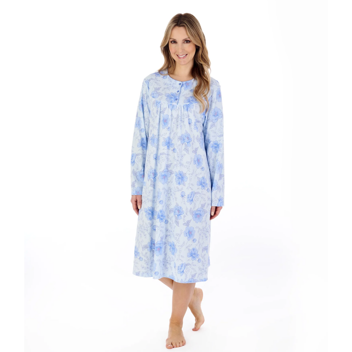 A model smiling while wearing the Slenderella Picot Trim Jersey Nightdress in Blue