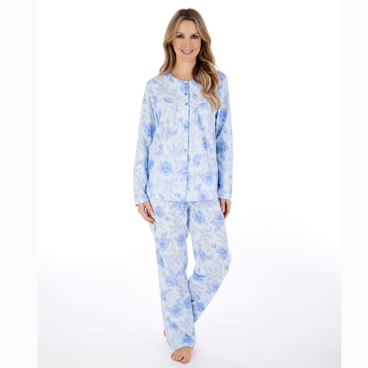 Slenderella Picot Trim Jersey Pyjama Set | Blue