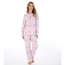 Load image into Gallery viewer, A model wearing the Slenderella Picot Trim Jersey Pyjama Set in Pink. 
