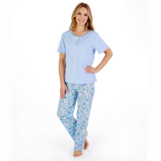 Slenderella Tropical Flower Print Jersey Top With Woven Trouser Pyjama | Blue