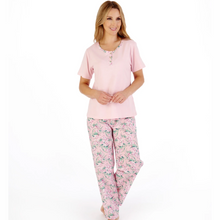 Load image into Gallery viewer, Slenderella Tropical Flower Print Jersey Top With Woven Trouser Pyjama | Blue
