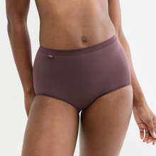 Load image into Gallery viewer, A model wearing a pair of high-waisted, mid-rise briefs in a muted plum-brown color, shown from the waist to the upper thighs against a clean white background.
