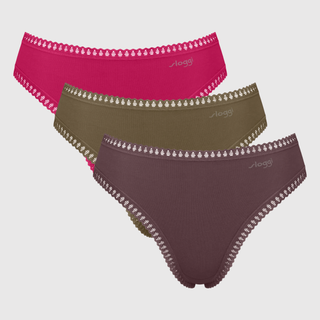 Three pairs of women's lace-trim briefs by Jogg, shown overlapping on a light gray background. The colors are bright pink, olive green, and dark plum purple.