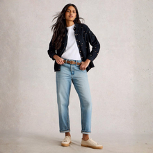 Load image into Gallery viewer, Full view of Model wearing White Stuff Sophie Cord Shirt, in multi Grey, with a light grey background.
