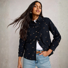 Load image into Gallery viewer,  Close up view of Model wearing White Stuff Sophie Cord Shirt, in multi Grey, with a light grey background.
