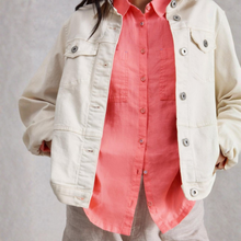 Load image into Gallery viewer, Model wearing a White denim jacket over,  White Stuff Sophie Linen Shirt, with a white background.
