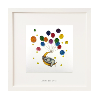 Framed artwork of a baby elephant with colorful balloons on a white background