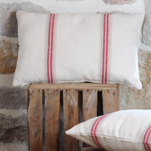 Load image into Gallery viewer, Close up of cushion facing and on side with crate and stone wall 
