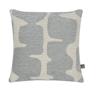Gray and white patterned pillow with a brand tag on a white background