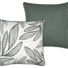 Load image into Gallery viewer, Two square throw pillows on a white background: one in solid muted green and one in white with a dark green leaf pattern.
