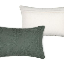 Load image into Gallery viewer, Two decorative throw pillows on a white background: a larger square off-white pillow in the back and a smaller rectangular sage green pillow in the front with an embroidered leaf pattern.
