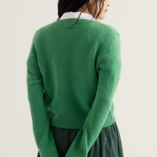 Load image into Gallery viewer, A person shown from the back wearing a bright green knit sweater over a white collared shirt and a dark skirt, against a plain light background.
