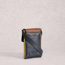 Load image into Gallery viewer, Small crossbody bag with a dark leather body and brown top section on a light gray background
