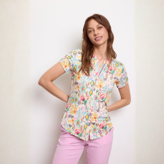 Short sleeve blouse on model in multi colour way and pattern 