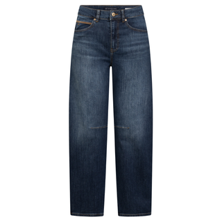A pair of dark blue denim jeans with a straight-leg fit, shown flat against a solid white background.