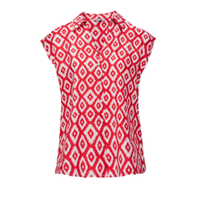 Load image into Gallery viewer, Red and white patterned sleeveless blouse on a white background
