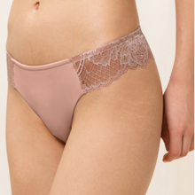 Load image into Gallery viewer, A close up of the side details of the Triumph Wild Peony Florale Brazilian Brief.

