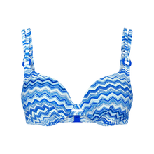 Load image into Gallery viewer, Blue and white zigzag patterned bikini top on a white background
