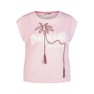 Pink sleeveless top with palm tree design and text on a white background